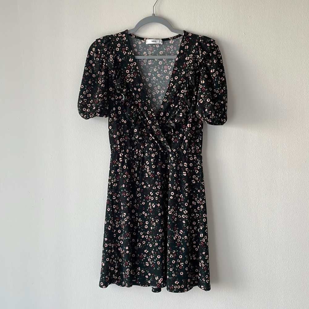 Mango Dark Green Floral Ruffle Cottagecore Sun Dress 2